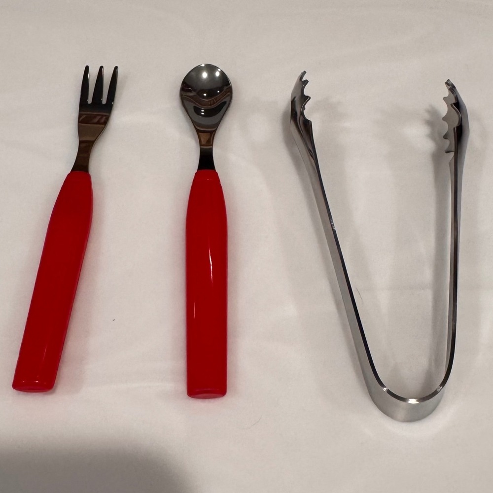 Vintage Red Handle Hors d'oeuvres Stainless Serving Set (Fork Spoon Tongs)